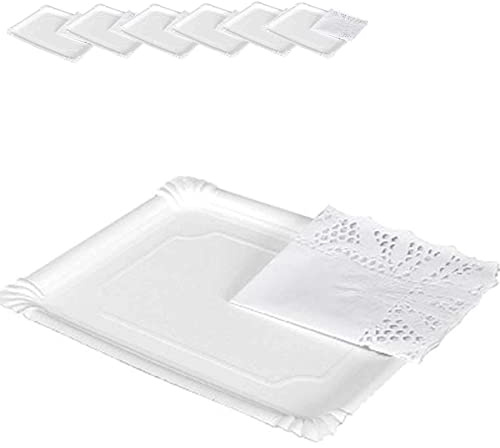 Tradineur - Pack de 6 bandejas y blondas Rectangular - Fabricación de cartón Que Incluyen blondas caladas 100% reciclables - Apto para Uso alimentario - 34 x 42 cm - Color Blanco