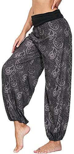 Nuofengkudu Damen Thai Hippie Hosen Haremshosen Boho Print Strandhose Baggy Yogahosen Leichte Pluderhose High Waist Pumphose(Schwarz E,L)