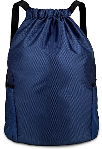 Dacitiery PE Bag Drawstring Sports Gym Bags With Outside Zipper (Navy) | Large, With Two Side Pockets, Drawstring Bags, Sports Bag, Drawstring Backpack, Drawstring Gym Bag