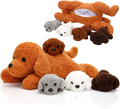 Skylety 5 Stück Welpen Kuscheltiere Mama Hundebauch mit 4 Niedlichen Plüschtier Hunde Spielzeug Kissen Weich und Kuschelig Stofftiere Welpen Sortiment für Geburtstag Weihnachten(Pudel)