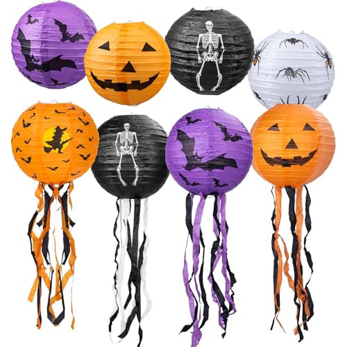 Ambandier Halloween Decorations Paper Lantern: 8 Pcs Halloween Pumpkin Hanging Paper Lantern with Tassels, 8 Inch Funny Jack-O-Lantern for Indoor Outdoor Tree Home School Garden Theme Party Decoration