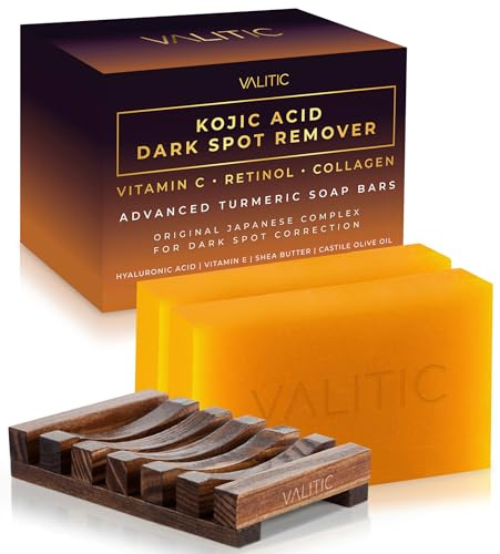 VALITIC Kojic Acid Dark Spot Remover Soap Bars with Vitamin C, Retinol, Collagen, Turmeric - Original Japanese Complex - Hyaluronic Acid, Vitamin E, Shea Butter, Olive Oil (2 Pack) - With Soap Holder