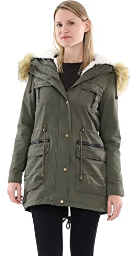 Malito - Parka da donna con cappuccio in pelliccia sintetica - fodera interna e 5 tasche frontali - giacca calda foderata per l'autunno e l'inverno 81099 (taglia S-XL), Oliva-81100, L
