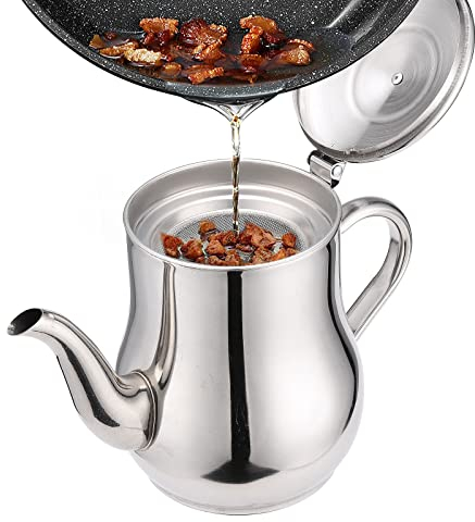 Caluself Fetttrennkanne Ölsieb Topf 70oz/2L,Edelstahl Kanne mit Sieb,Fettabscheider Speiseölkanne Edelstahl für Frittieröl Speisefett Restaurant Hause Küche Suppe Sieb Tasse