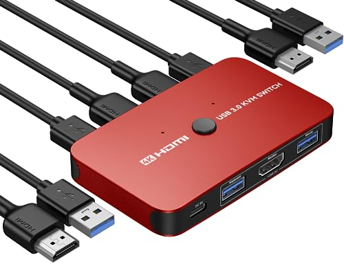 ABLEWE Commutateur KVM, commutateur KVM HDMI en aluminium, prend en charge 4K @ 60 Hz, 2 câbles HDMI et 2 câbles USB inclus (rouge)
