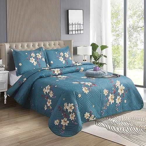 ZIMEL HOMES Quilted Bedspread Throw Double & King 220x240 CM + 2 Pillow Shams for Bedroom Decor Reversible Coverlet Lightweight Elegant Patchwork (220 cm x 240 cm, Design 25)