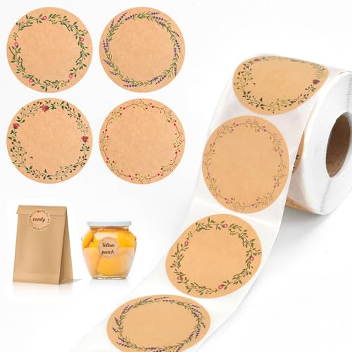MININUSI Geschenketiketten zum Kleben, 500 Blatt Marmeladengläser Etiketten, 5cm Kraftpapier Aufkleber für Marmeladenglas, Geschenk und Klebeetiketten