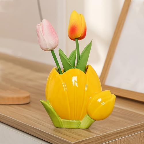 Wnvivi Vaso in Ceramica Tulipano,Vaso di Fiori Decorativo Tulipano,Mini Disposizione di Fiori Contenitore Vasi per Piante Centrotavola per la Decorazione Domestica(Giallo)