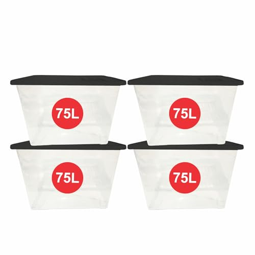 RelianceUK 4 X 80L Large Plastic Storage Box with Black Lid - Strong Stackable Storage Boxes 80 Litres - Home, Office, Kitchen, Nestable Storage Containers | Made in UK (80 Litre / 4 Pack)