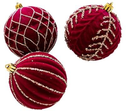 Röda julgranskulor, julsammetskulor, flockade julhängen, ornament | sammetskulor – 3 stycken små hängande kulor i vinrött med flockning, julgranskulor för bröllop, semester,