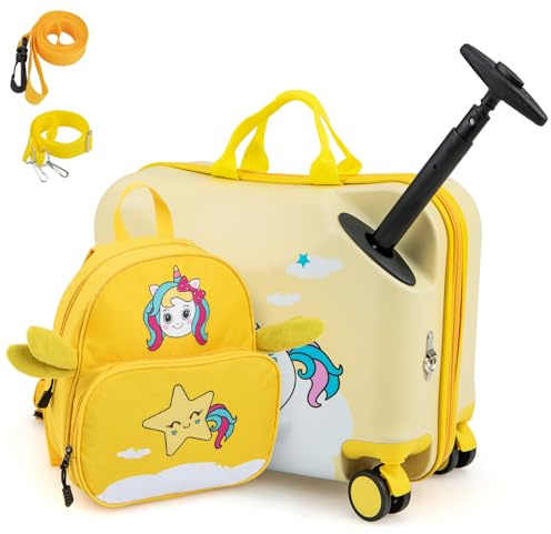 SOARS Set di Valigia Cavalcabile 18’’ + Zaino 12’’ per Bambini 2 Pezzi, Bagagli 2-in-1 di con Maniglia Telescopica e 4 Ruote, Trolley Bagaglio a Mano e Zaino per Bambini (Giallo Unicorno-C)
