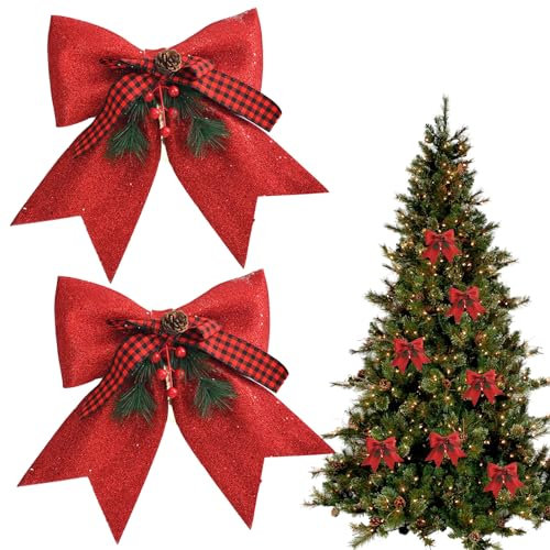 2 Pcs Weihnachten Schleifen, Schleifen Weihnachten Deko, Rote Schleifen Weihnachten, Christbaumschmuck Schleifen, Glitzer Schleifen Weihnachtsbaumschmuck, für Urlaub, Geburtstag, Hochzeit, 30*25 cm