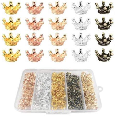 200Pcs DIY Alloy Crown Pendant in 5 Colors, Vintage Charm Beads for Jewelry Making - Mini Crowns for Earrings and Necklaces