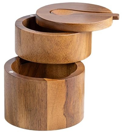 Caja de almacenamiento de madera Genérico con tapa giratoria magnética, Caja redonda de doble capa para salero y pimentero, salero de cocina para especias