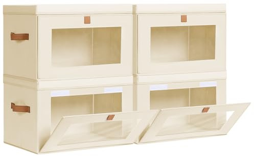 Homsorout Collapsible Storage Bins - Large Closet Organizer with Handles & Window, Decorative Storage Boxes, Fabric Containers for Living Room, Dorm, 4 Pack, Beige