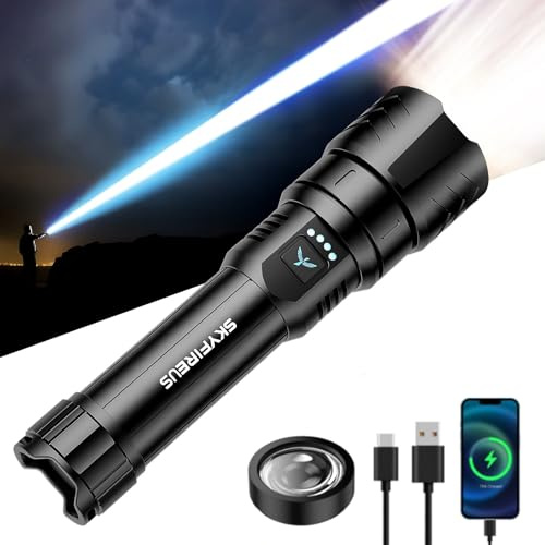 SKYFIRE Linternas LED Alta Potencia 900000 Lúmenes,Linterna LED Recargable USB,Linterna Potente con Lente de Ignición,Linterna Tactica 4 Modos para Emergencias/Camping/Senderismo