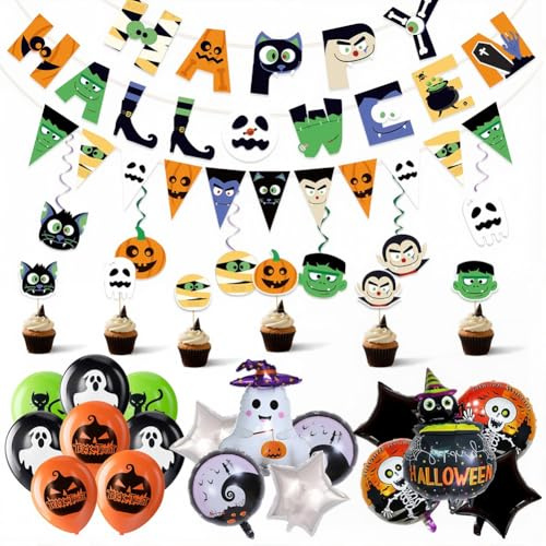 Kit Decorazione Halloween Happy Halloween Banner Pendenti a Spirale Sospesa Palloncino in Scheletro Zucca Fantasma Topper Torta Per Feste di Terrore Casa Bar a Tema Decorazione
