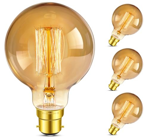 Caldarax B22 Bayonet Vintage Edison Light Bulbs Dimmable, Amber Glass Warm White 2700K, 400 Lumen, G80 Globe Vintage Bulb, Spiral Filament Bulbs, Retro Decorative for Ceiling, Chandelier, 4 Pack