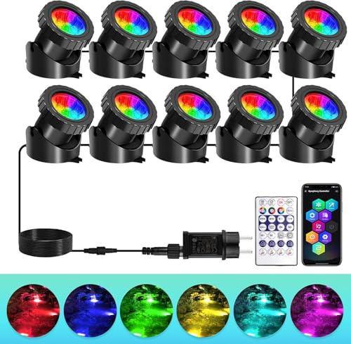 T-SUNUS Luci Piscina Impermeabile RGB, Illuminazione per Laghetto a LED Subacqueo con Controllo APP Bluetooth, Impermeabile IP68 Illuminazione Subacquea RGB per Acquari Fontana Piscina 10 in 1