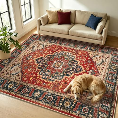 WUTONG Tapis de Salon Rouge Vintage 80x150 cm Lavable en Machine.Petit Tapis Oriental Antidérapant pour Descente de Lit.Couloir et Entrée.Doux et Décoratif