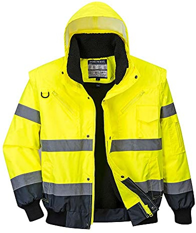 Portwest C465 Hi-Vis 3-in-1 Waterproof Contrast Hooded Bomber Jacket with Pockets - Reflective Outdoor Safety Security Workwear Coat, Yellow/Navy, XS