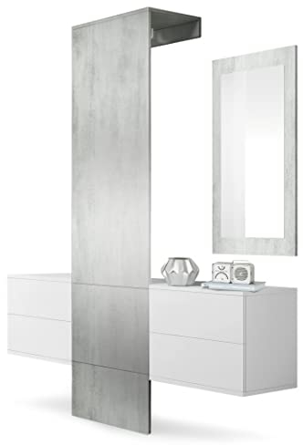 Vladon Wardrobe Hallway Furniture Coat Rack Carlton Set 3, Carcass in White matt/Panel and Mirror in Concrete Grey Oxide