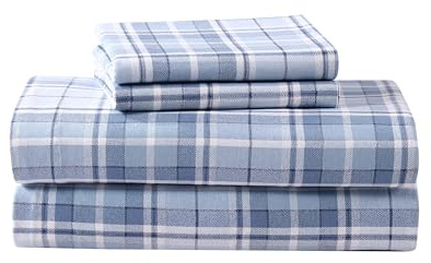 Laura Ashley Home - Queen Sheets, Cotton Flannel Bedding Set, Brushed for Extra Softness & Comfort (Mulholland Plaid Blue, Queen)