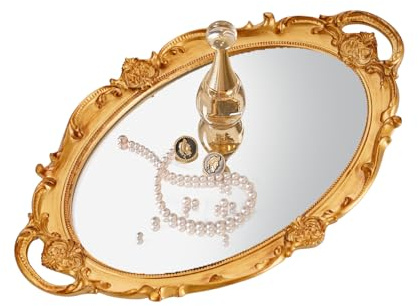 XPXKJ Oval vintage väggspegel bricka spegel låda byrå arrangör bricka 9,8 x 35 cm - fruktplatta (oval, guld)