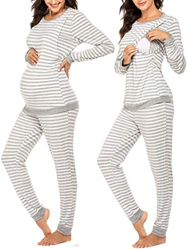 Ekouaer Nursing Pajama Set Long Sleeve Maternity Clothes Labor Pregnancy Pjs Breastfeeding Thermal Underwear Sleepwear Light Gray Stripe M