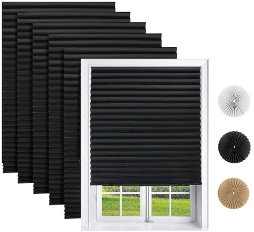 Changshade 6 Pack Temporary Shades, Pleated Paper Blinds for Indoor Windows Cut to Size Adhesive Paper Shades No Tools No Drilling for Office, Bedroom, Living Room, 36 W x 72 H, Black