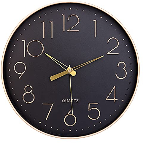 Topkey Black Wall Clock 12 Silent Non Ticking Arabic Numeral Clock Round Decorative Wall Clock for Living Room, Bedroom, Kitchen (Battery Not Included) Gold Numbers