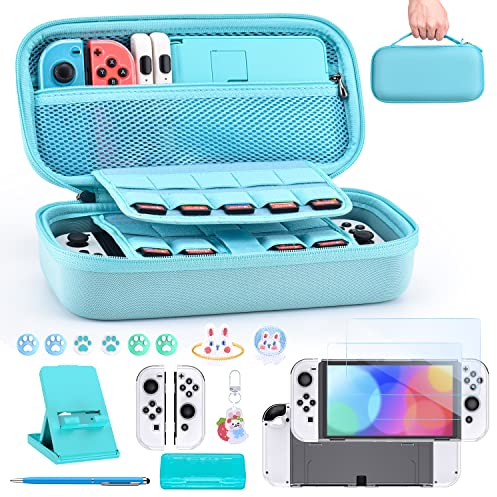 Switch Tasche für NS Switch OLED - innoAura 18 in 1 Switch Zubehör mit Switch Hülle, Switch Spiele Aufbewahrung, Switch Schutzfolie für Switch OLED, Switch Ständer, Switch Joystick Kappen (Blau)