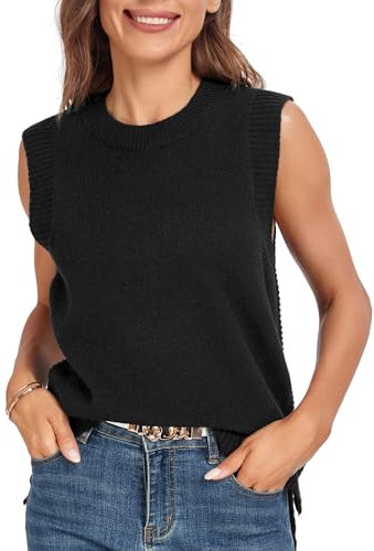 Dilgul Weste Damen Pullunder Ärmellos Weste Strick Winter Strickweste Pullover V-Ausschnitt Strickpullover Schwarz Medium