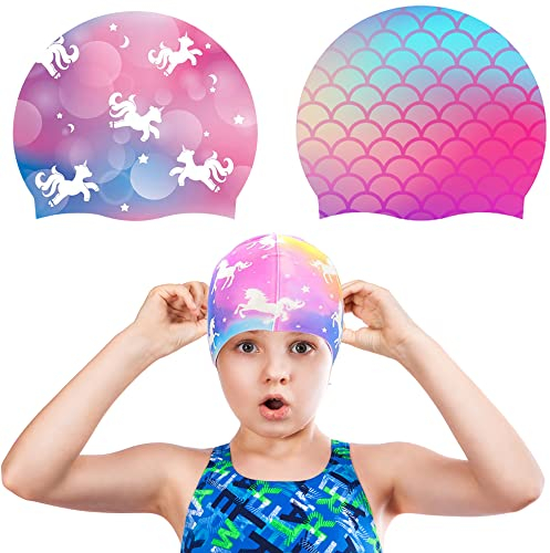 2 Stück Badekappe Kinder,Silikon Schwimmkappe Kind,wasserdichte Badekappe,Schwimmkappe Wasserdicht,Schwimmhaube Mädchen,Badekappe Einhorn,Silikonbedruckte Badekappen (A)