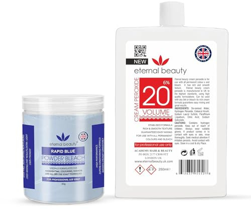 Hair Bleach Kit – Blue Bleach Powder 80g + Cream Peroxide 6% 20 Volume 250ml – Professional Hair Lightening, Highlighting & Hair Coloring Kit for Salon & Home Use by ETERNAL BEAUTY