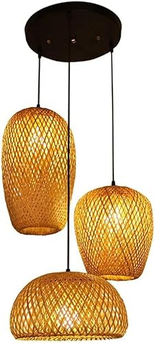 JIAODIE Rustikale Rattan-Pendelleuchte, Bauernhaus-Bambus-Pendelleuchte, 3-flammig, Weidenschirm, Korbgeflecht, Kronleuchter, Wohnzimmer, Bar, Esszimmer, Deckenbeleuchtung