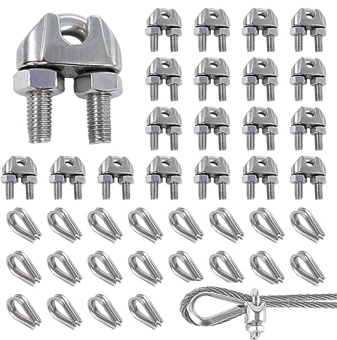 UTMACH 40 Stück Drahtseilklemme 4mm Bügelseilklemme Edelstahl U Drahtseilklemme Bügelklemmen Stahlseil Kausche 4mm fur kabel Wäscheleine Drahtseil Stahlkabel (20 Seilklemme + 20 Kausche)