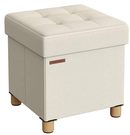 SONGMICS Sitzhocker mit Stauraum, kleine klappbare Sitzbank, 38 x 38 cm Fußbank, Aufbewahrungsbox, bis 300 kg belastbar, für Wohnzimmer Schlafzimmer Schlafsaal, cremeweiß LSF014W11