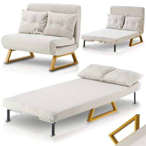 Shally Dogan Divano Letto 2 Posti Reclinabile 3 in 1, Poltrona Convertibile con Cuscini Chaise Lounge Seduta Imbottita Morbida, Copertura in Velluto Premium, Poltroncina Relax Salvaspazio (Crema)