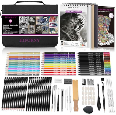 HIFORNY 100 PCS Drawing & Sketching Set, Professional Art Supplies with Graphite,Charcoal, Colored,Watercolor,Metallic Pencils,Blending Tools,Sketchbook and Coloring Book in Zipper Case (Black)