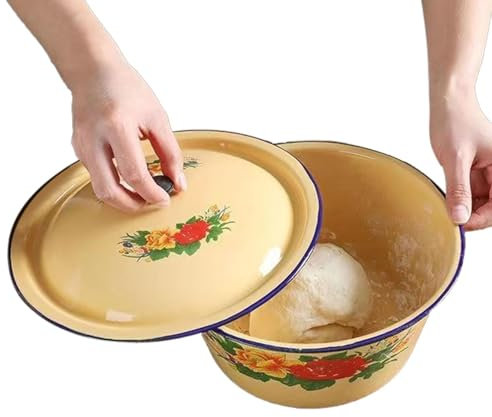 Fregadero esmaltado - Sopera esmaltada | Vajilla vintage esmaltada con tapa, recipiente para verduras esmaltado multifuncional, recipiente para arroz, ramen, fideos, 15,3 x 15,3 x 7,2 cm