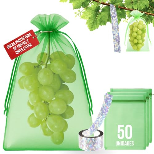 Bolsas para Uvas en Parra 25x35cm + Cinta Espantapájaros Reflectante – 50 Bolsas para Proteger Racimos de Uvas – Malla Organza Reutilizable con Cordón – Protege Frutas de Pájaros, Avispas e Insectos