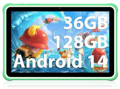 FASTWD Tablette Android 14 Enfant 10 Pouces 36GB RAM 128GB ROM (SD Expandable), WiFi 5G, BT 5.0, Educative avec Contrôle Parental, HD IPS Screen, Pour Famille (Vert)
