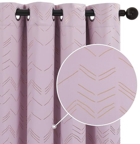 Deconovo Blackout Thermal Insulated Eyelet Curtains Gold Zigzag Lines Foil Printed Soundproof Curtains for Living Room 46 x 90 Inch Light Pink 2 Panels