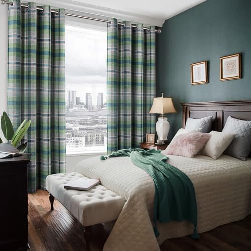 always4u 100% Blackout Tartan Curtains Highland Check Eyelet Curtain Woolen Look Plaid Brushed Cheque Pair of Window Treatment for Bedroom Living Room Green 46 * 54 Inches