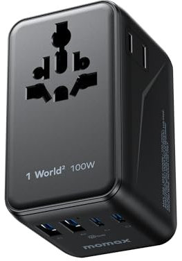 MOMAX Reiseadapter Weltweit 100W GaN Universal Schnellladegerät mit 2 AC-Steckdosen, 2 USB-C PD + 2 USB-A QC - Kompatibel mit 150+ Ländern weltweit (EU, USA, UK, Japan u.a.)