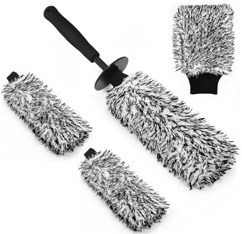 YeewayVeh Car Wheel Brush Kit, Microfiber Rim Brush with 2 Replaceable Wheel Cleaner Brush Cover, Wheel Cleaning Brush with Car Wash Mitt for Truck Camper SUV Fenders Exhaust Tips Car Washing Kit