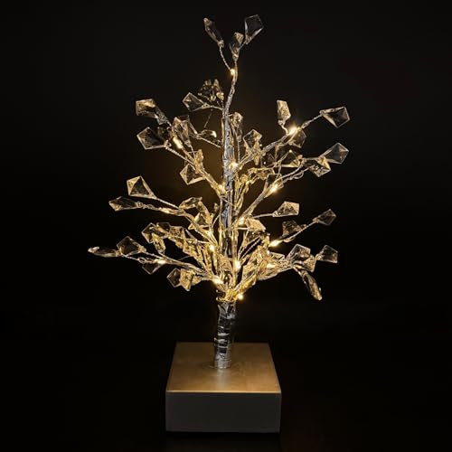Kleiner Lichterbaum, Stimmungslicht in Silber mit LED-Beleuchtung und 6-Stunden Timerfunktion für innen - 75 Glasdiamanten, 15 warmweiße LED´s, Deko Leuchte