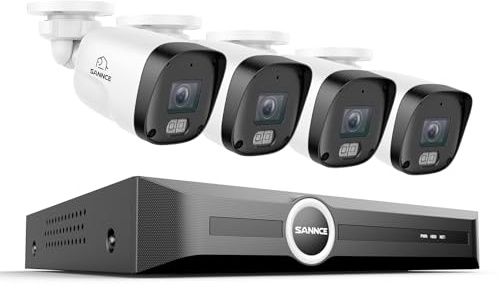 SANNCE Kit de cámaras de vigilancia PoE 5MP 8CH NVR + 4 * cámaras Resistentes al Agua 3MP con Leds IR Inteligentes, detección de Movimiento, Alarma por App, visión Nocturna de hasta 30 Metros