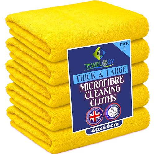 Towelogy Heavy Duty Microfibre Cleaning Cloths for Home All Purpose - Larger, Thicker, More Absorbent Cleaning Cloth - 100% Lint Free Micro Fibre Cloths for Kitchen, Bathroom and Car (5, Yellow)